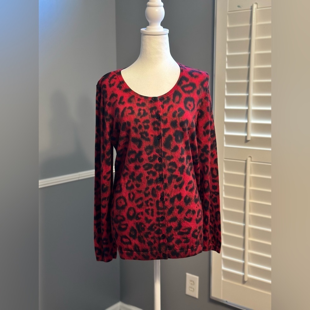 Talbots Womens Button Front 100% Merino Wool Cardigan Sweater Red Black Size X